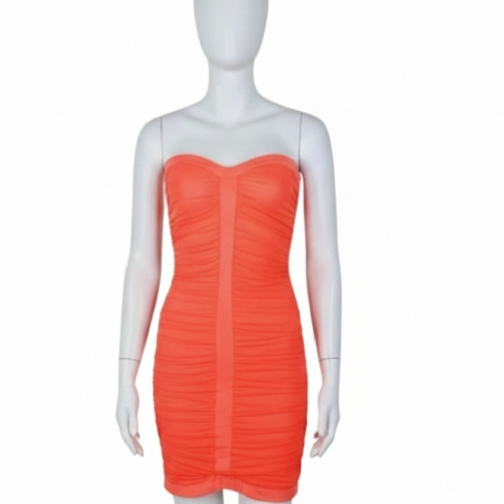 Bebe Jasmine Ruched Mini Dress Sz Large Orange NEON
